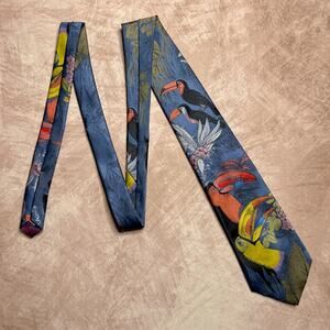 Vintage 90s Animal Kingdom Toucan Bird Tropical Nature Neck Tie Jungle Colorful